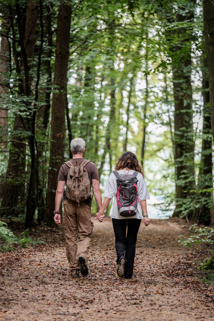 A couple holding hands while hiking on a forest trail in Echternach