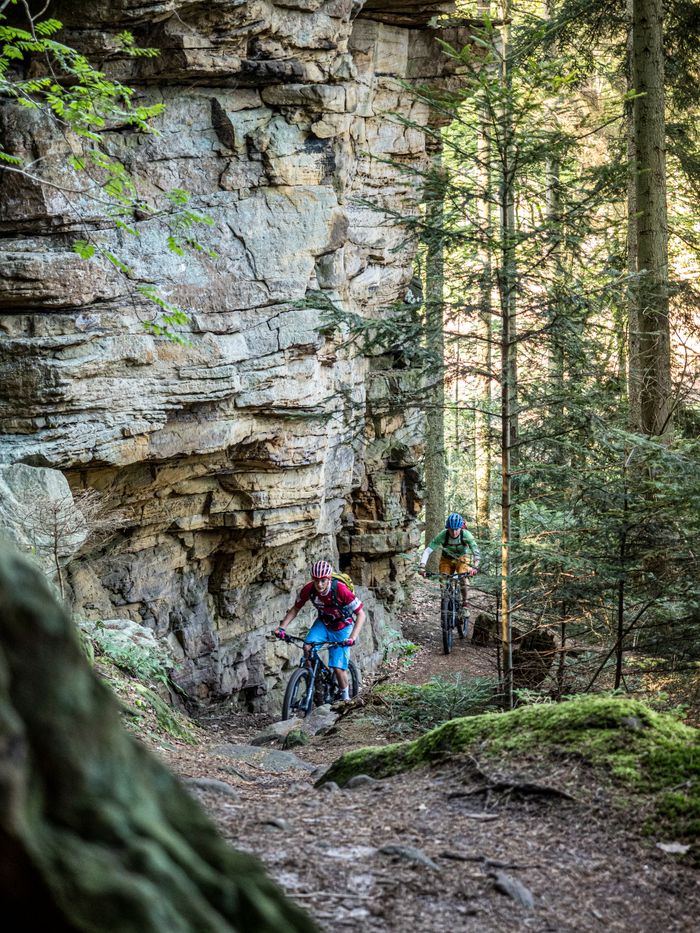 Zwei Mountainbiker fahren auf den Mountainbike-Strecke