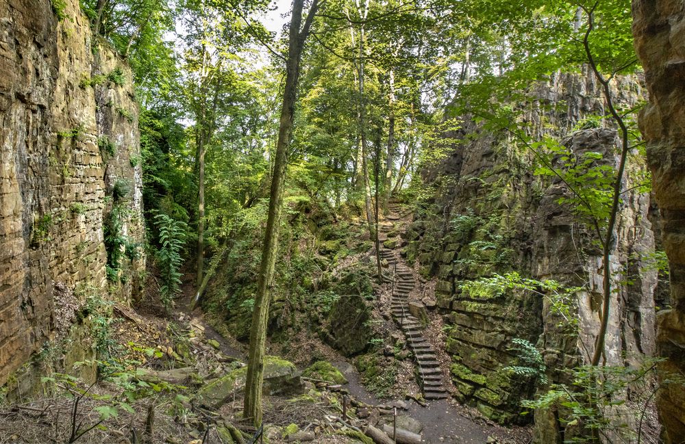 Uitzicht op de trappen en rotsen van de Wollefsschlucht