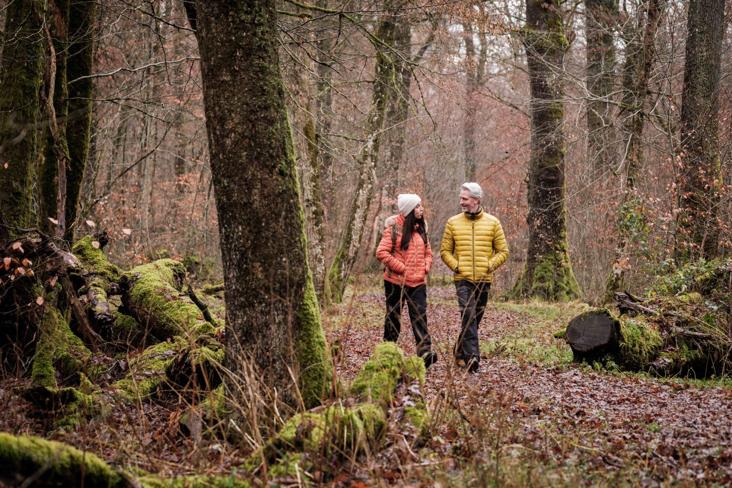 Couple hiking on the Mullerthal Trail Route 1 im Winter